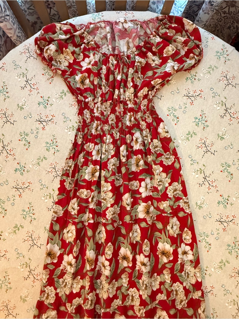 Red Floral Maxi Dress with Smocked Waist